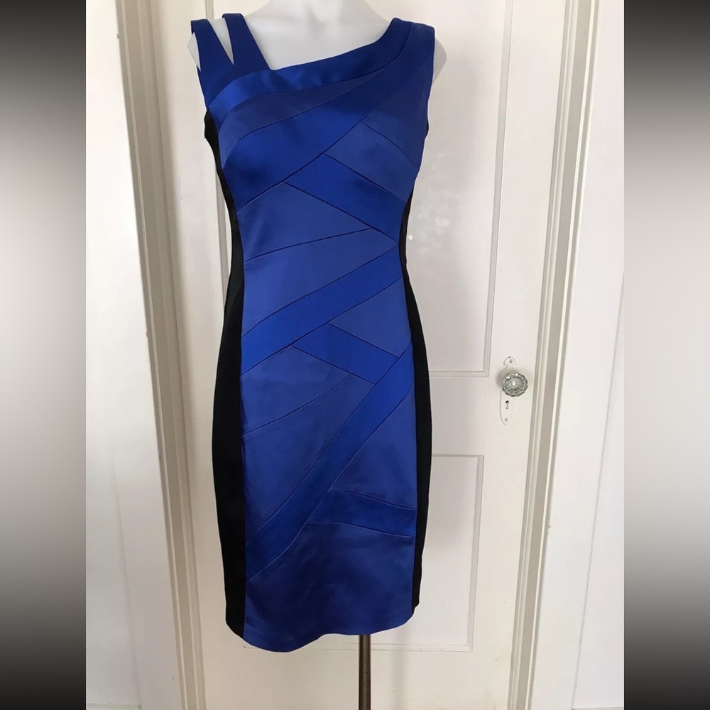 Jax Royal Blue and Black Paneled Midi Sheath Dress